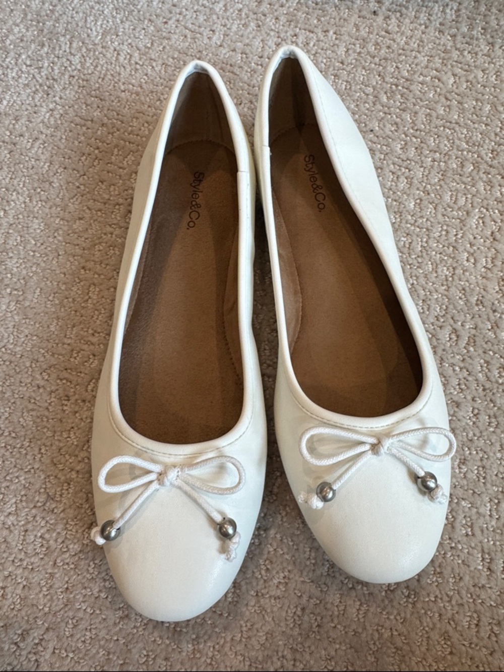 Style & Co. Women's White Bow Ballet Flats with Bead Accents